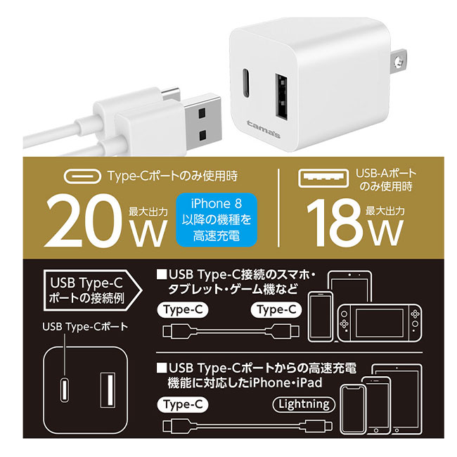 PD20Wコンセントチャージャー　C+A　ホワイト（SNS-0300228）TypeCポートのみ使用時20W 　USBポートのみ使用時18W