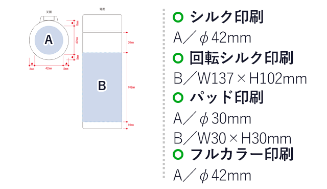 MOTTERUカラビナハンドルサーモボトル ver2　250ml（SNS-0300238）名入れ画像　シルク印刷　A:直径30mm　回転シルク印刷　B:W137×H102mm　パッド印刷　A：直径30mm/B：W30×H30mm　フルカラー　A：直径42mm