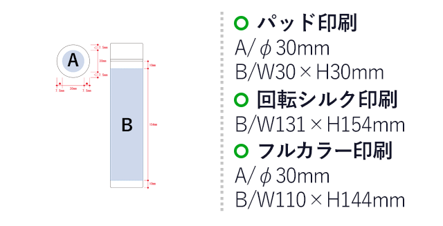 ポケットサーモボトルロング 200ml（SNS-0300242）名入れ画像　パッド印刷：A/直径30mm　B/W30×H30mm　回転シルク印刷：B/Ｗ131×Ｈ154ｍｍ インクジェット印刷：A/直径30ｍｍ