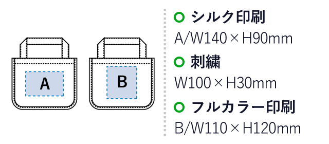 ジュート＆キャンバスコンビトート（S)（SNS-0300267）名入れ画像　シルク印刷：A/W140×H90mm　刺繍：W100×H30mm　フルカラー印刷：B/W110×H120mm