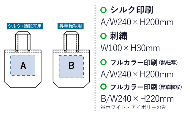 ポリキャンバストート（M）（SNS-0300271）名入れ画像　シルク印刷：A/W240×H200mm　刺繍：W100×H30mm　フルカラー印刷（熱転写）：A/W240×H200mm　フルカラー印刷（昇華転写）B/W240×H220mm※ホワイト・アイボリーのみ