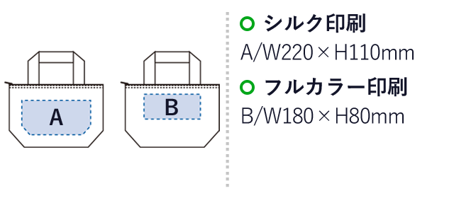 オーガニックコットンバイカラー保冷トート(S)（SNS-0300276）名入れ画像　シルク印刷：A/W220×H110mm　フルカラー印刷：B/W180×H80mm