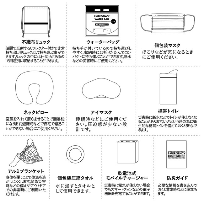 防災緊急10点セット　リュックタイプ（SNS-0300308）セット内容詳細