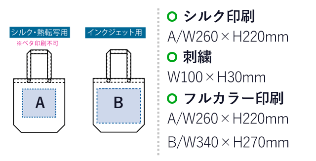 オーガニックコットンバッグ（Ｌ） （SNS-0300345）名入れ画像　シルク印刷：W260×H220mm　刺繍：W100×H30mm　フルカラー印刷：A/W260×H220mm　B/W340×H270mm