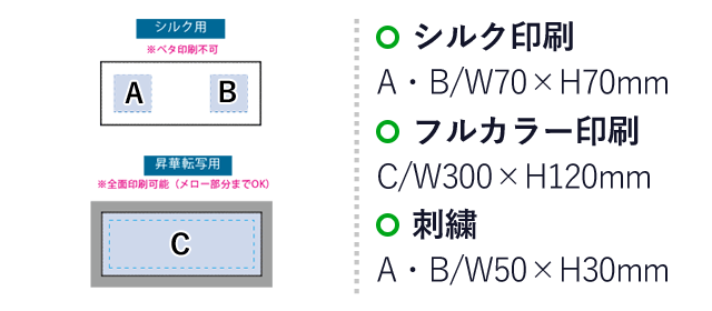 ピクチャースタイル　ハンドタオル（ロング）　昇華転写対応（SNS-0300389）名入れ画像　シルク印刷：A・B/W70×H70mm　フルカラー印刷：C/W300×H120mm　刺繍：A・B/W50×H30mm