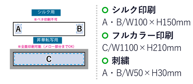 ピクチャースタイル　マフラータオル　昇華転写対応（SNS-0300391）名入れ画像　シルク印刷：A・B/W100×H150mm　フルカラー印刷：C/W1100×H210mm　刺繍：A・B/W50×H30mm