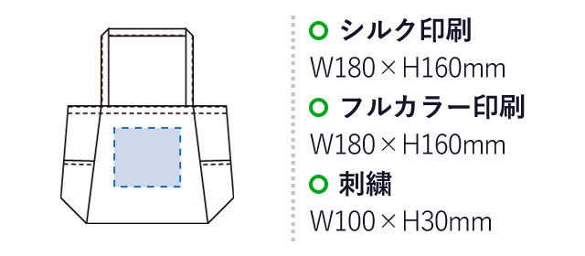 ライトウォッシュキャンバスマルチトート（SNS-0300419）名入れ画像　シルク印刷：W180×H160mm　フルカラー印刷：W180×H160mm　刺繍：W100×H30mm