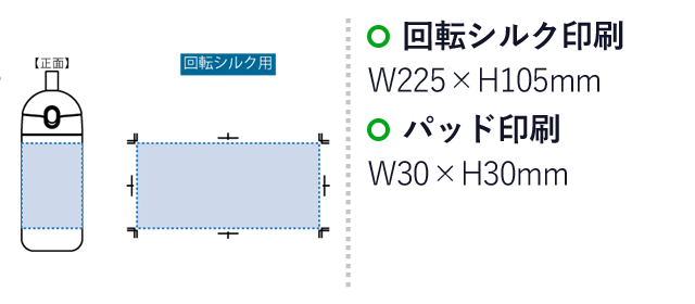 Maluttoワンタッチサーモステンレスボトル420ml（SNS-0300445）名入れ画像　フルカラー印刷：W225×H105mm　パッド印刷：W30×H30mm