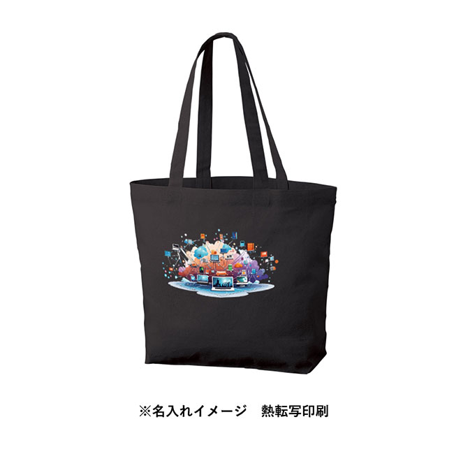 厚手コットンベーシックトート(M)ワイド（SNS-0300602）フルカラー印刷名入れイメージ　ブラック本体