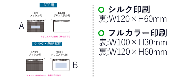 メッシュフラットポリポーチ（S）（SNS-0300626）名入れ画像　シルク印刷　W120×H60（mm）　※メッシュ側は印刷不可　フルカラー印刷　W120×H60（mm）