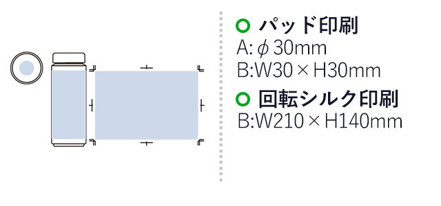 Ｚａｌａｔｔｏシームレスサーモボトル５００ｍｌ（SNS-0300650）名入れ画像　パッド印刷 最大範囲：A/φ30（mm）、B/W30×H30（mm）　回転シルク印刷 最大範囲：B/W210×H140（mm）