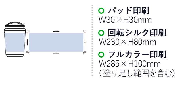 Ｈａｎｄｉｔシンプルサーモタンブラー３６０ｍｌ（SNS-0300655）名入れ画像　パッド印刷 W30×H30（mm）、　回転シルク印刷　W230×H80（mm）、　フルカラー印刷　W285(塗り足し範囲を含む）×H100（mm）
