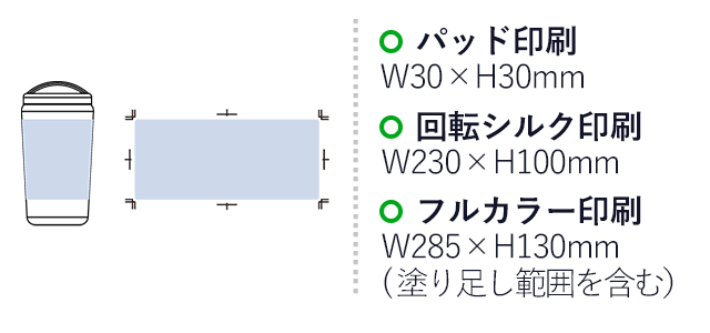 Ｈａｎｄｉｔシンプルサーモタンブラー５２０ｍｌ（SNS-0300656）名入れ画像　パッド印刷 W30×H30（mm）、　回転シルク印刷　W230×H100（mm）、　フルカラー印刷　W285( 塗り足し範囲を含む）×H130（mm）
