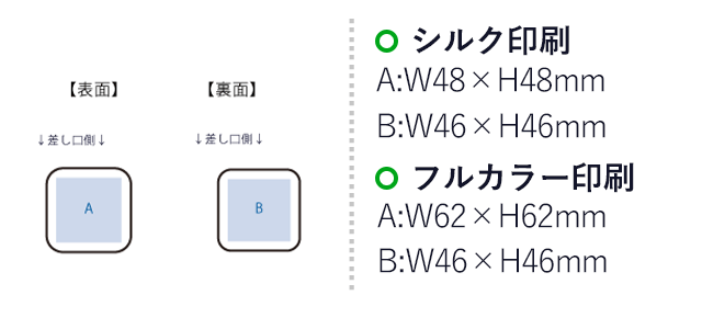 コードインモバイルチャージャー２０００（全面印刷対応）（SNS-0300676）名入れ画像　シルク印刷　表／W48×H48（mm）　裏／W46×H46（mm）、フルカラー印刷　表／W62×H62（mm）　裏／W46×H46（mm）
