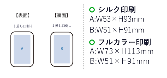 PD急速充電コードインモバイルチャージャー１００００（全面印刷対応）（SNS-0300677）名入れ画像　シルク印刷　表／W53×H93（mm）　裏／W51×H91（mm）、フルカラー印刷　表／W73×H113（mm）　裏／W51×H91（mm）