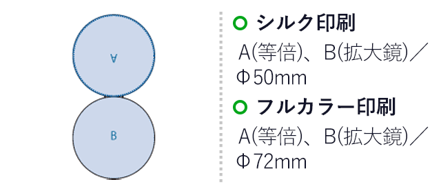 全面印刷できる合皮コンパクトミラー　ラウンド（両面対応）（SNS-0300696）名入れ画像　シルク印刷：A(等倍鏡)、B(拡大鏡)/Φ50mm　フルカラー印刷：A(等倍鏡)、B(拡大鏡)/Φ72mm