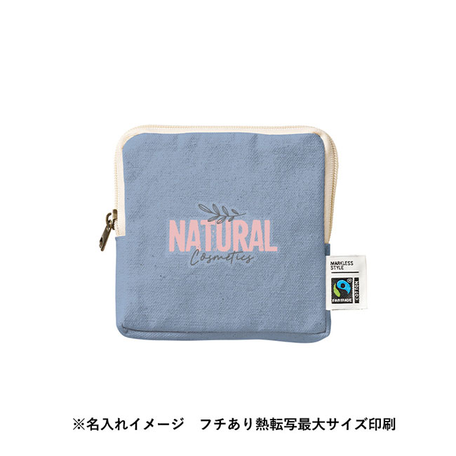 フェアトレードコットンスリムスクエアポーチ(S)（SNS-0300741）名入れイメージ　熱転写印刷（本体スモークブルー）