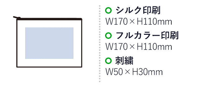 デニムフラットポーチ(M)　インディゴ（SNS-0300745）シルク印刷：W170×H110mm　フルカラー印刷：W170×H110mm　刺繍：W50×H30mm