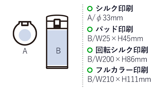 軽量ワンタッチサーモボトル360ml（SNS-0300755）シルク印刷：A/Φ33mm　パッド印刷：Ｂ/W25×H45mm　回転シルク印刷：Ｂ/W200×H86mm　フルカラー印刷：B/W210×H111mm