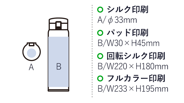 軽量ワンタッチサーモボトル750ml（SNS-0300757）シルク印刷：A/Φ33mm　パッド印刷：Ｂ/W30×H45mm　回転シルク印刷：Ｂ/W220×H180mm　フルカラー印刷：B/W233×H195mm
