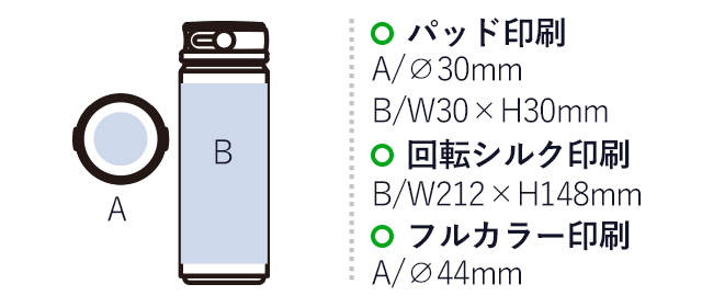 Ｚａｌａｔｔｏサーモハンドルスタイルボトル５００ｍｌ　ｖｅｒ．２（SNS-0300759）パッド印刷：A/Φ30mm、Ｂ/W30×H30mm　回転シルク印刷：Ｂ/W212×H148mm　フルカラー印刷：A/Φ44mm