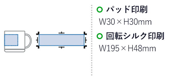 プラサーモストレートマグ（SNS-0300765）パッド印刷：W30×H30mm　回転シルク印刷：W195×H48mm
