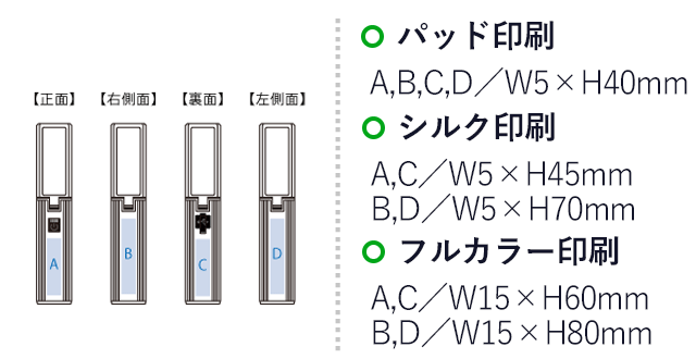 ランタンにもなるUSBハンディライト（チャージャー機能付）（SNS-0300784）パッド印刷：A,B,C,D/W5×H40mm　シルク印刷：A,C/W5×H45mm、B,D/W5×H70mm　フルカラー印刷：A,C/W15×H60mm、B,D/W15×H80mm