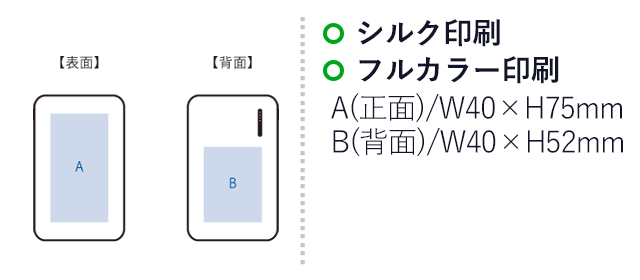 スマートモバイルチャージャー4000（SNS-0300788）シルク印刷、フルカラー印刷：A(表面)／W40×H75mm、B(裏面)／W40×H52mm