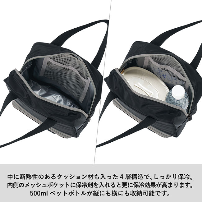 スマホが立てられるクーラーランチバッグ（SNS-0300803）中に断熱性のあるクッション材も入った4層構造で、しっかり保冷