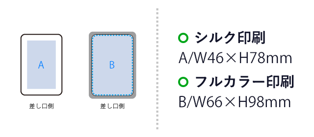 全面印刷できるモバイルチャージャー5000　スクエア（SNS-0300835）　シルク印刷　Ｗ46×Ｈ78（mm） フルカラー印刷　Ｗ65×Ｈ98（mm）
