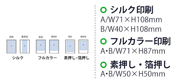 合皮カバー付箋セット（Ｍ）（SNS-0300846）　シルク印刷 表紙／W71×H108（mm）　裏表紙／W40×H108（mm） フルカラー印刷　表紙・裏表紙／W71×H87（mm）　素押し・箔押し　表紙・裏表紙／W50×H50（mm）