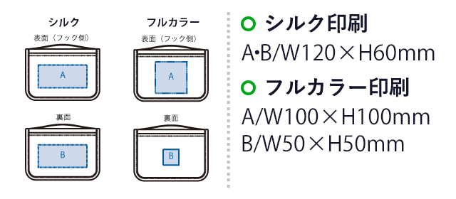 3段式ハンギングポーチ(SNS-0300871) シルク印刷 最大範囲:A・B/W120×H60mm フルカラー印刷:A/W100×H100mm、B/W50×H50mm