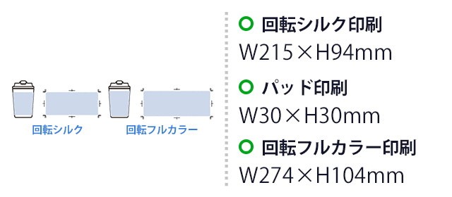 リッド付ステンレスサーモタンブラー３８０ｍｌ（SNS-0300922）　パッド印刷　Ｗ30×Ｈ30（mm）　回転シルク印刷　W215×H94（mm）フルカラー印刷　W274mm（塗り足し範囲2mm を含む）×H104（mm）