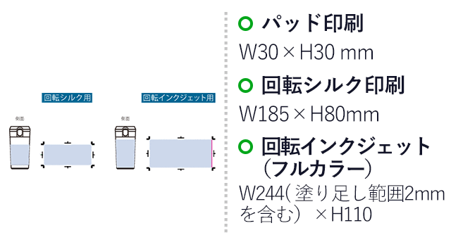 ワンタッチステンレスサーモタンブラー360ml(SNS-0300968)名入れ画像 プリント範囲 パッド印刷 W30×H30mm 回転シルク印刷 W185×H80mm 回転インクジェット印刷 W244×H110mm