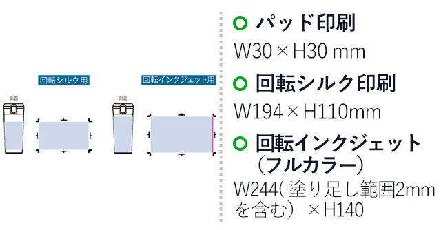 ワンタッチステンレスサーモタンブラー460ml(SNS-0300969)名入れ画像 プリント範囲 パッド印刷 W30×H30mm 回転シルク印刷 W194×H110mm 回転インクジェット印刷 W244×H140mm