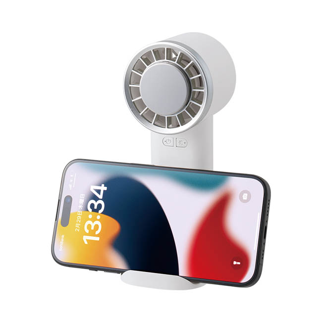 冷却プレートUSBハンディファン(リン酸鉄使用)(SNS-0300983) スマホスタンドと組み合わせた様子