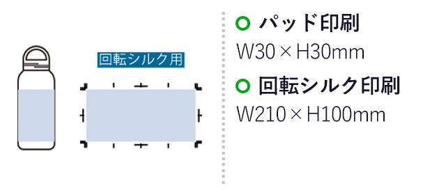 Handitクリアボトル500ml(SNS-0300986)名入れ画像 プリント範囲 回転シルク:W210×H100(mm) パッド:30×H30(mm)