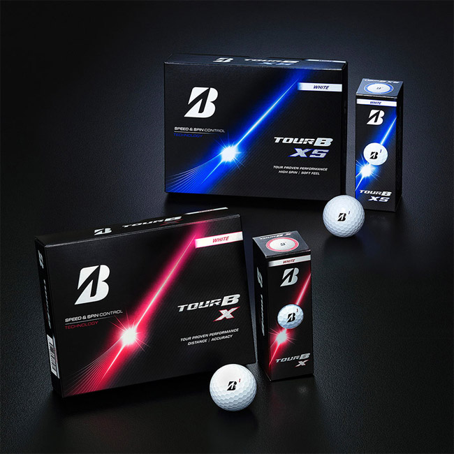 ブリヂストン ゴルフボール TOURB X(3pcs) ホワイト(SNS-0300988) 黒背景に赤と青2種類の化粧箱を並べた写真