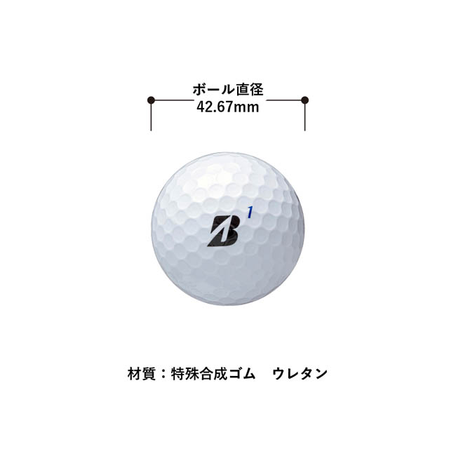 ブリヂストン ゴルフボール TOURB XS(3pcs) ホワイト(SNS-0300989) ボール直径と素材を示した説明図
