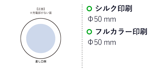 マグネット対応ワイヤレスモバイルチャージャー2500(準固体使用)(SNS-0300991)名入れ画像 プリント範囲 シルク:φ50(mm)、インクジェット:φ50(mm)