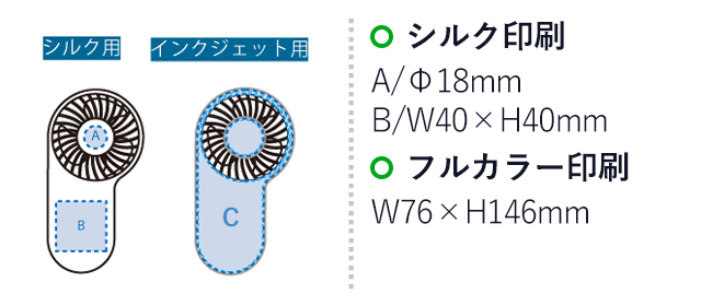 コンパクトハンディUSBファン(リン酸鉄使用)(SNS-0300992)名入れ画像 プリント範囲 シルク:A/Φ18(mm)B/W40×H40(mm) インクジェット:W76×H146(mm)