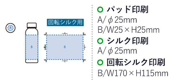 オーロラクリアボトル360ml クリア(SNS-0301000)名入れ画像 プリント範囲 回転シルク:B/W170×H115(mm) シルク:A/φ25(mm) パッド:A/φ25(mm)、B/W25×H25(mm)