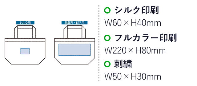 コーデュロイデイリートート(S)(SNS-0301007)名入れ画像 プリント範囲 シルク:W60×H40(mm)、熱転写・DTF:W220×H80(mm)、刺繍:W50×H30