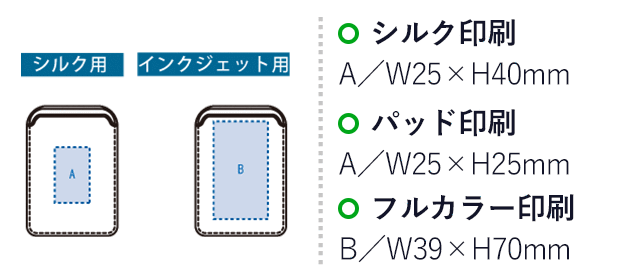 スマホスタンドにもなるマグネット対応カードケース(SNS-0301029)名入れ画像 プリント範囲 シルク:A/W25×H40(mm)、パッド:A/W25×H25(mm)、インクジェット:B/W39×H70(mm)