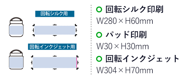 Handitサーモフードポット420ml(SNS-0301031)名入れ画像 プリント範囲 回転シルク:W280×H60(mm) パッド:W30×H30(mm) 回転インクジェット:W300×H75(mm)
