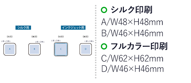 全面印刷できるコードインモバイルチャージャー2000(準固体使用)(SNS-0301046)名入れ画像 プリント範囲 シルク:A/W48×H48(mm)、B/W46×H46(mm) インクジェット:C/W62×H62(mm)、D/W46×H46(mm)