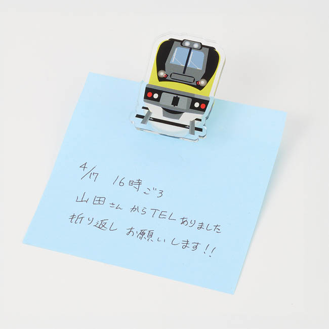 【プリント専用商品】３６０度回転アクリルクリップ　クリア（SNS-0301058）　付箋メモに添えた電車スタンド