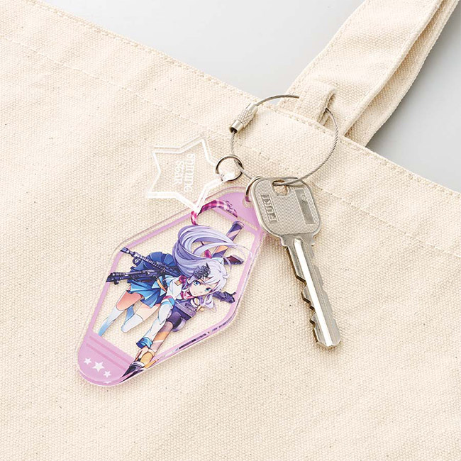 【プリント専用商品】ワイヤーリング2連アクリルキーホルダー47×88mm+31×30mm(SNS-0301068) トートバッグに鍵と一緒に付けた様子