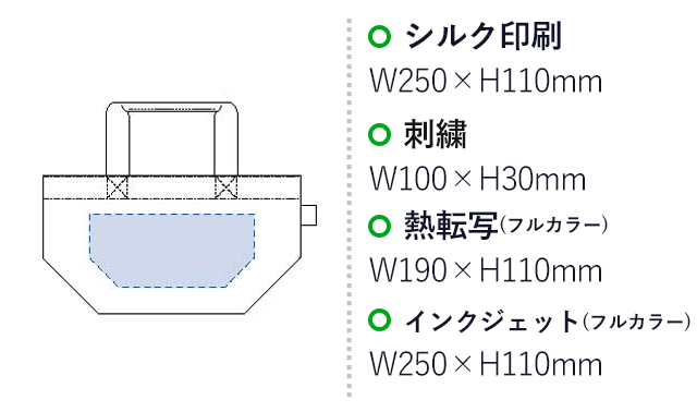 フェアトレードコットンキャンバストート(S)（tTF-0003）シルク印刷：W250×H110mm　刺繍：W100×H30mm　熱転写（フルカラー）：W190×H110mm　インクジェット（フルカラー）：W250×H110mm