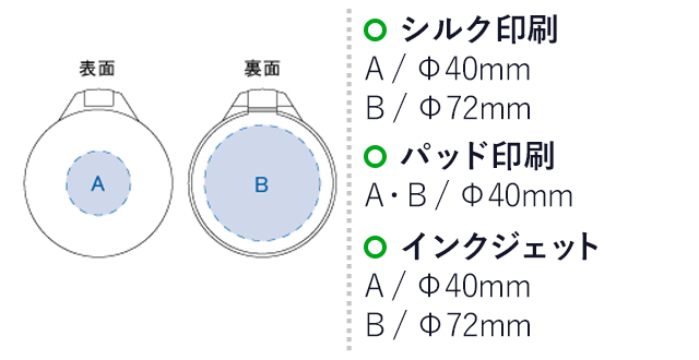 ラウンドチェックミラー（tTM-0053-030）　シルク印刷　A/φ40mm　B/φ72mm　パッド印刷　A・B/φ40mm　インクジェット　A/φ40mm　B/φ72mm